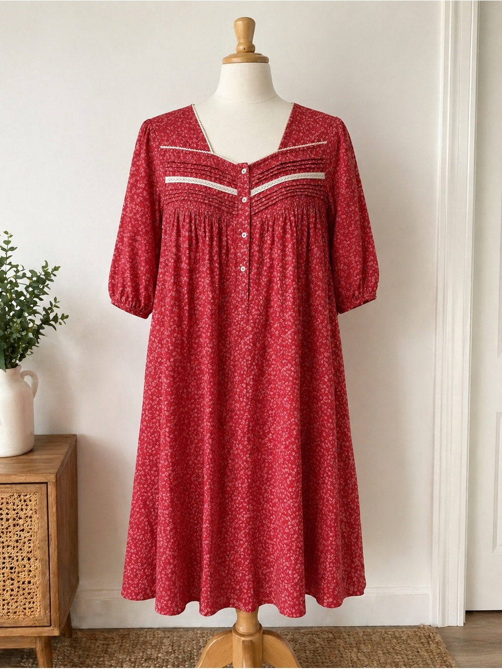 Vintage Vermont Country Store Red Floral Prairie Dress Cottagecore Boho Cotton M